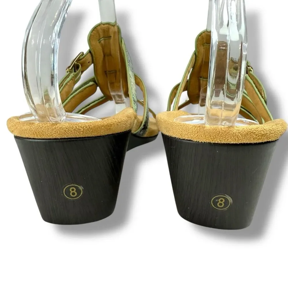 Vionic Park Radia Snake Print Wedge Sandals Green Womens Size 8 Orthotic Comfort